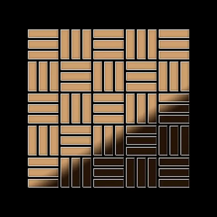 ALLOY Mosaikfliese Mosaik Fliese massiv Metall Titan hochglanz kupfer 1,6mm Basketweave-Ti-AM - 288 x 288 mm, Bronze, Hochglänzend - Glänzendes Korbflechtmuster aus rechteckigen Fliesen mit hell- bis dunkelbraunem Farbverlauf.