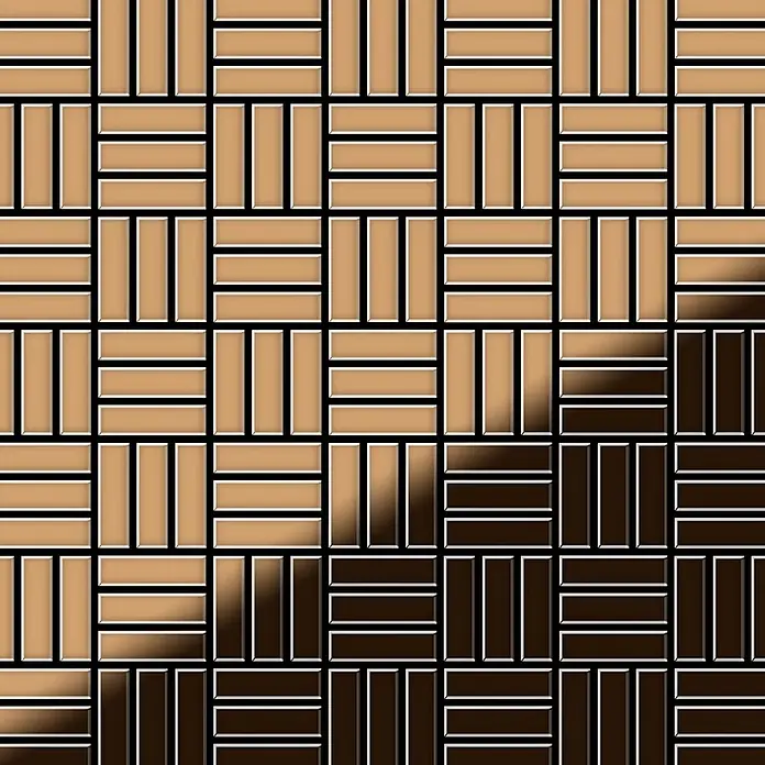 ALLOY Mosaikfliese Mosaik Fliese massiv Metall Titan hochglanz kupfer 1,6mm Basketweave-Ti-AM - 288 x 288 mm, Bronze, Hochglänzend - Fliesenmuster im Korbflecht-Design mit diagonalem Farbverlauf von hellbeige zu dunkelbraun.