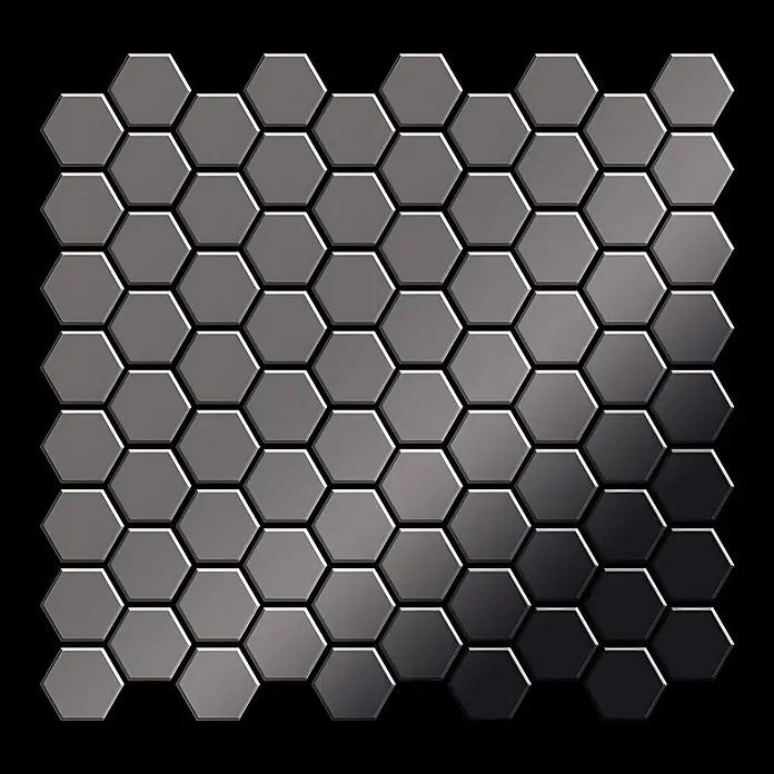 ALLOY Mosaikfliese Mosaik Fliese massiv Metall Titan hochglanz dunkelgrau 1,6mm Honey-Ti-SM - 329 x 332 mm, Schwarz, Grau, Hochglänzend - Metallische sechseckige Fliesen in einem Gitter, mit einem Hellgrau-Dunkelgrau-Farbverlauf.