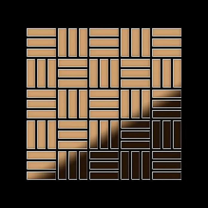 ALLOY Mosaikfliese Mosaik Fliese massiv Metall Titan hochglanz kupfer 1,6mm Basketweave-Ti-AM - 288 x 288 mm, Bronze, Hochglänzend - Korbgeflecht-Fliesenmuster mit rechteckigen Fliesen in einem Farbverlauf von Beige zu Dunkelbraun.