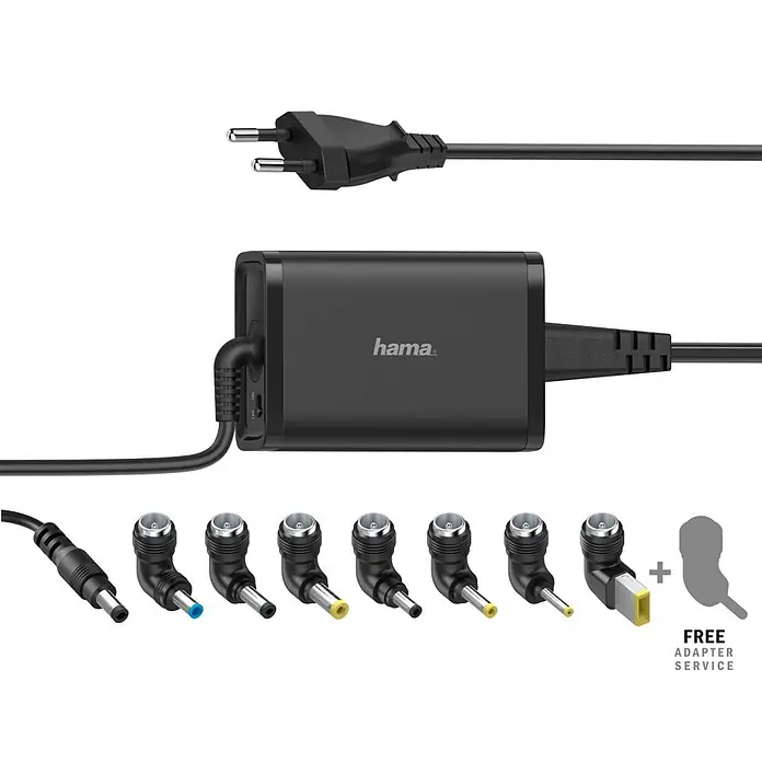 Hama Ladegerät 00200002 15-19V/65W - Schwarz, L x B x H: 3,1 x 5,5 x 1,2 cm - Schwarzes Hama Universal-Netzteil mit europäischem Stecker und mehreren austauschbaren Spitzen für diverse Geräte.