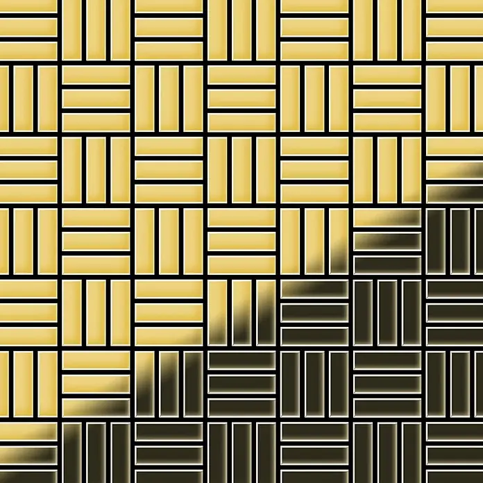 ALLOY Mosaikfliese Mosaik Fliese massiv Messing gewalzt gold 1,6mm stark Basketweave-BM - 288 x 288 mm, Gold, Sonstiges - Ineinandergreifende rechteckige Fliesen in Gold und Dunkelgrau mit Verlaufs-Flechtmuster.