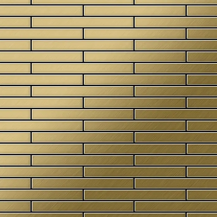 ALLOY Mosaikfliese Mosaik Fliese massiv Metall Titan gebürstet gold 1,6mm stark Deedee-Ti-GB - 316 x 247 mm, Gold, Sonstiges - Gestaffeltes Muster aus rechteckigen, gebürsteten goldfarbenen Metallfliesen.