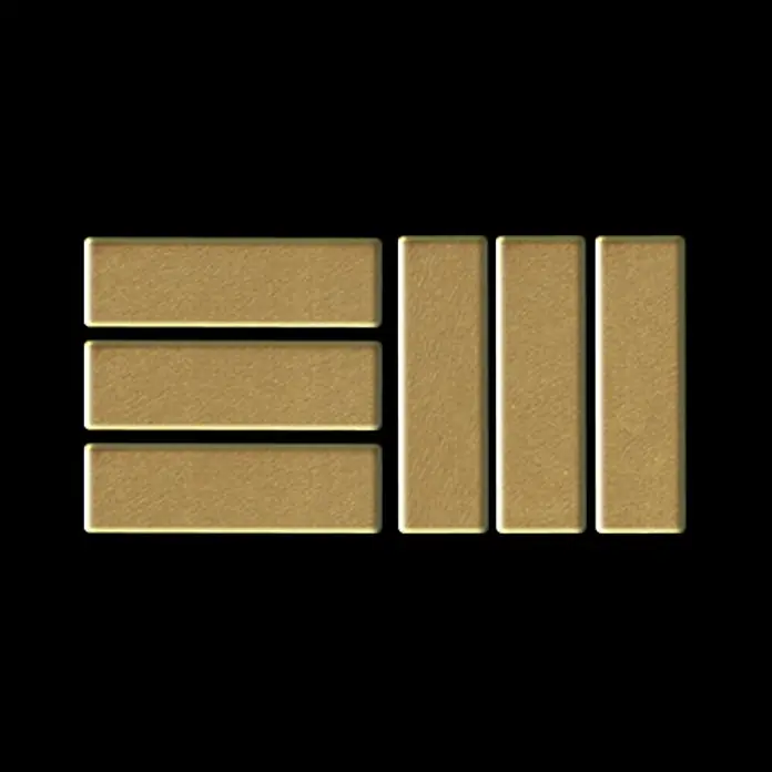ALLOY Mosaikfliese Mosaik Fliese massiv Messing gewalzt gold 1,6mm stark Basketweave-BM - 288 x 288 mm, Gold, Sonstiges - Goldenes Logo des Künstlers Russ, mit stilisierten rechteckigen Balken.