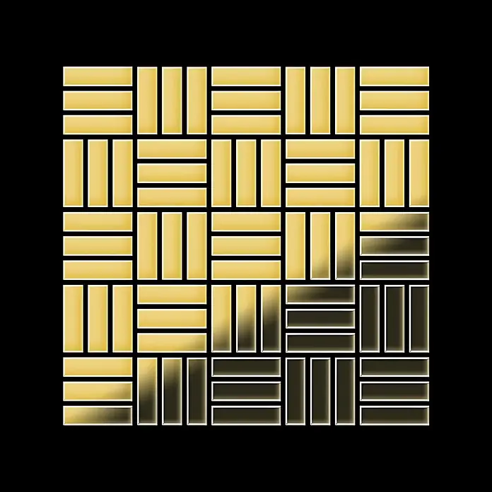 ALLOY Mosaikfliese Mosaik Fliese massiv Messing gewalzt gold 1,6mm stark Basketweave-BM - 288 x 288 mm, Gold, Sonstiges - Goldenes, rechteckiges Fliesenmuster, eventuell aus Holz oder Metall, in einem Flechtmuster mit schattierten Elementen.