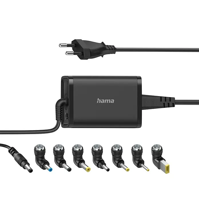 Hama Ladegerät 45 W 19 V 3 A Überstromschutz - Schwarz, L x B x H: 3,1 x 5,5 x 1,3 cm - Schwarzes hama Universal-Laptop-Ladegerät mit Eurostecker und mehreren austauschbaren DC-Aufsätzen.