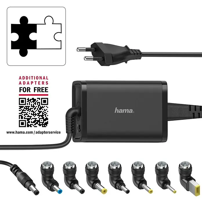 Hama Ladegerät 00200002 15-19V/65W - Schwarz, L x B x H: 3,1 x 5,5 x 1,2 cm - Schwarzes Universal-Netzteil mit Eurostecker und mehreren austauschbaren Spitzen.