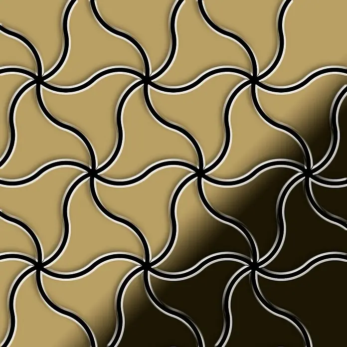 ALLOY Mosaikfliese Mosaik Fliese massiv Metall Titan hochglänzend gold 1,6mm stark Ninja-Ti-GM - 313 x 255 mm, Gold, Hochglänzend - Geometrisches Muster aus ineinandergreifenden beigen Wellenfliesen mit Farbverlauf von Beige zu Braun und schwarzen Umrissen.