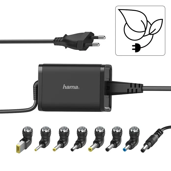 Hama Ladegerät 00200002 15-19V/65W - Schwarz, L x B x H: 3,1 x 5,5 x 1,2 cm - Schwarzes Hama Universal-Laptop-Ladegerät mit Netzstecker und verschiedenen austauschbaren DC-Aufsätzen.