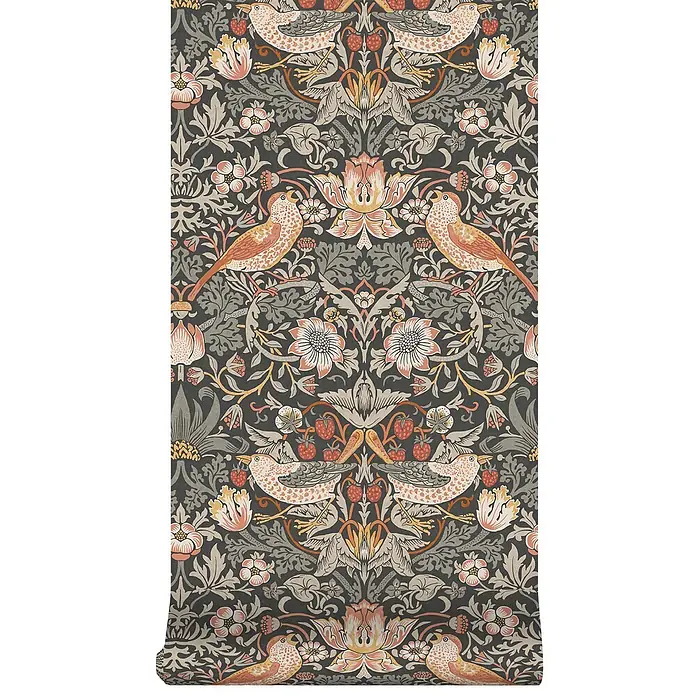 William Morris At Home Vliestapete Erdbeerdieb - Grau, Floral, 1.000 x 52 cm - Eine Tapetenrolle mit einem klassischen dunkelgrauen Muster mit Vögeln, Erdbeeren und aufwendigen Blumenmotiven in gedeckten Farben.