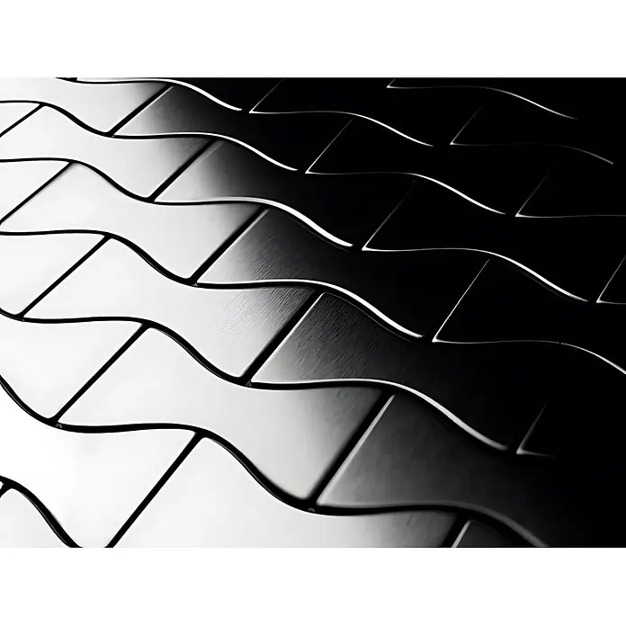 ALLOY Mosaikfliese Mosaik Fliese massiv Edelstahl gebürstet grau 1,6mm stark Kismet-S-S-B - 329 x 299 mm, Grau, Silber, Sonstiges - Wellenförmige, ineinandergreifende geometrische Fliesen in einem metallischen Weiß-Schwarz-Verlauf.