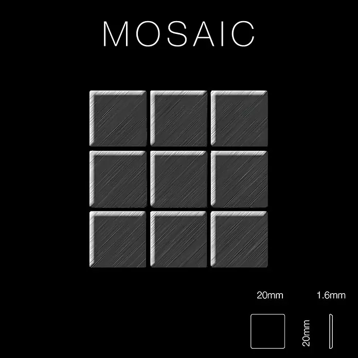 ALLOY Mosaikfliese Mosaik Fliese massiv Titan gebürstet dunkelgrau 1,6mm stark Mosaic-Ti-SB - 322 x 322 mm, Schwarz, Grau, Sonstiges - Neun dunkelgraue, strukturierte Mosaikfliesen, je 20x20mm und 1,6mm dick.