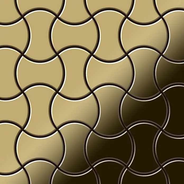 ALLOY Mosaikfliese Mosaik Fliese massiv Titan hochglänzend gold 1,6mm stark Infinit-Ti-GM - 322 x 322 mm, Gold, Hochglänzend - Goldene, ineinandergreifende geometrische Fliesen mit Metallglanz und Farbverlauf.