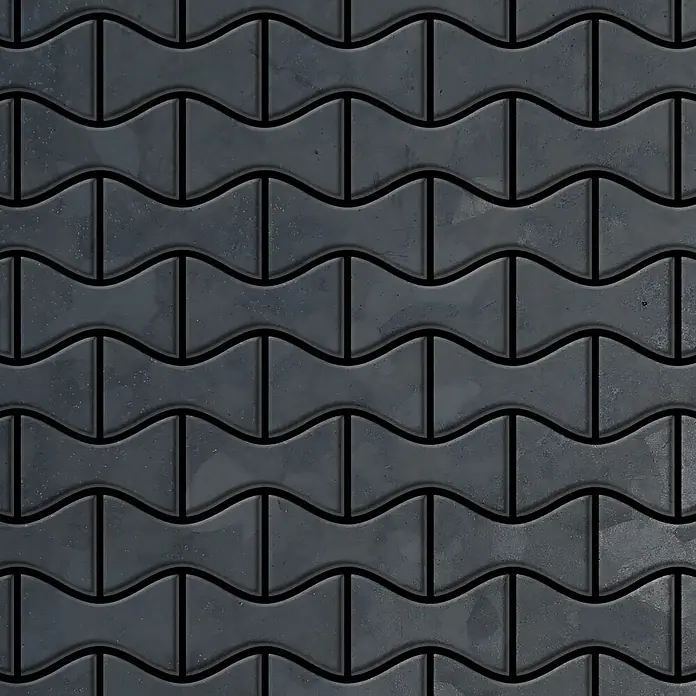 ALLOY Mosaikfliese Mosaik Fliese massiv Metall Rohstahl gewalzt grau 1,6mm stark Kismet-RS - 329 x 299 mm, Grau, Sonstiges - Dunkelgraue, wellenförmige Verbundpflastersteine, die ein durchgehendes Muster bilden.