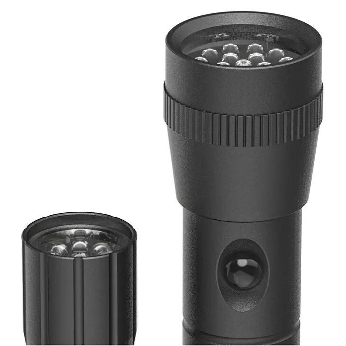 Hama Taschenlampe FL-DUO - Batteriebetrieben, Schwarz, 60 lm - Zwei schwarze LED-Taschenlampen, eine komplett mit Einschaltknopf, die andere zeigt ihren LED-Kopf.