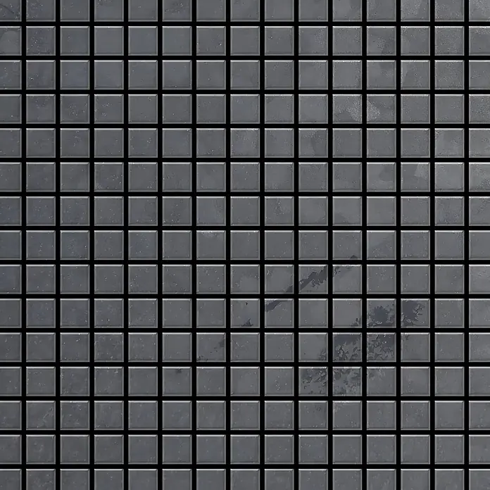 ALLOY Mosaikfliese Mosaik Fliese massiv Metall Rohstahl gewalzt grau 1,6mm stark Mosaic-RS - 322 x 322 mm, Grau, Sonstiges - Dunkelgraue quadratische Mosaikfliesen mit schwarzem Fugenmörtel, texturierte, leicht abgenutzte Oberfläche.