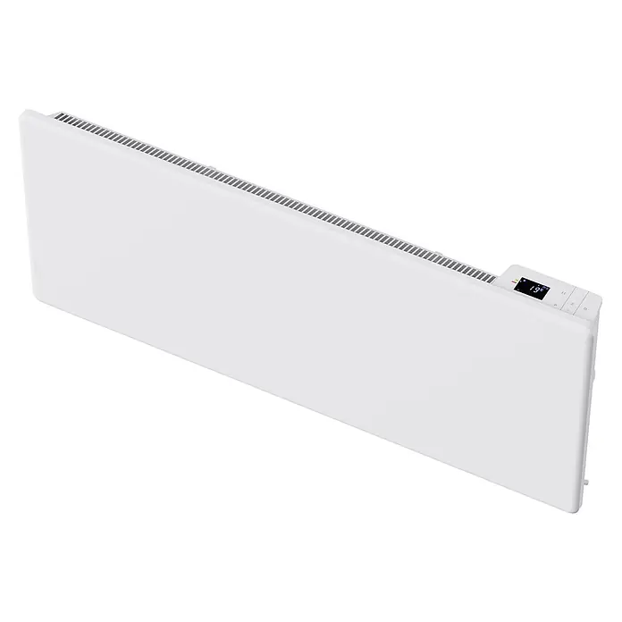 Sannover Planheizkörper Sanos 2000 W - B x H: 940 x 400 mm, Typ Heizkörper: Sonstige - Weißer elektrischer Konvektor mit Digitalanzeige (19°) und Bedienelementen oben rechts, sowie Lüftungsgittern.