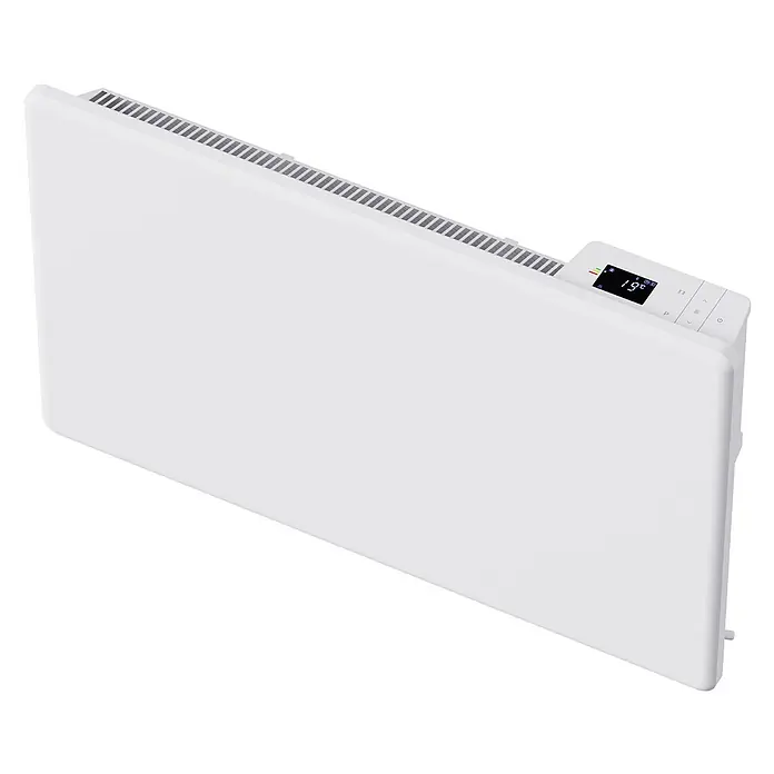 Sannover Planheizkörper - B x H: 640 x 400 mm, Typ Heizkörper: Sonstige - Weißer elektrischer Heizkörper mit oberen Lüftungsschlitzen und digitalem Display für Temperatur und Uhrzeit.