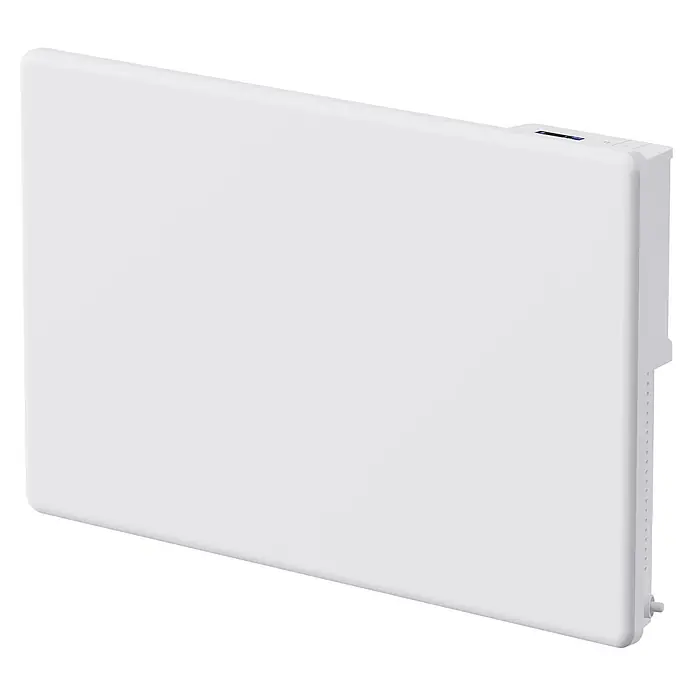 Sannover Planheizkörper - B x H: 640 x 400 mm, Typ Heizkörper: Sonstige - Weißer rechteckiger Elektroheizkörper mit schlankem Design und diskretem Bedienfeld oben rechts.