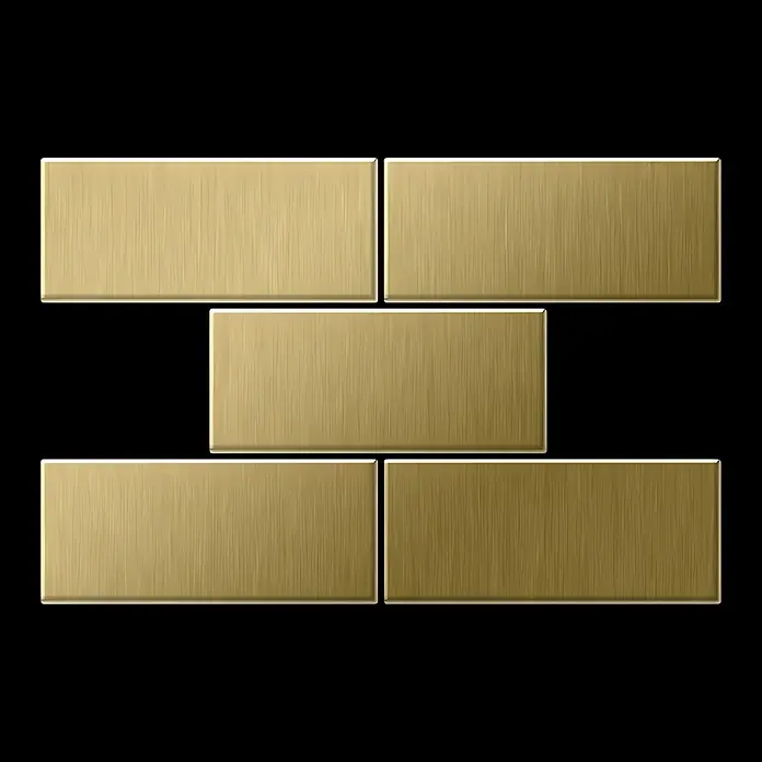 ALLOY Mosaikfliese Mosaik Fliese massiv Metall Titan gebürstet gold 1,6mm stark Subway-Ti-GB - 76 x 152 mm, Gold, Sonstiges - Fünf goldene, gebürstete rechteckige Metallfliesen in versetzter Anordnung.