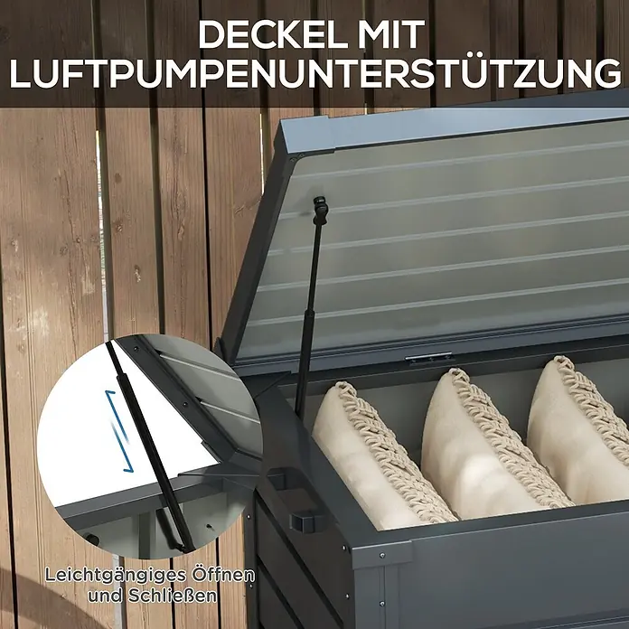 Outsunny Garten-Aufbewahrungsbox - Dunkelgrau, Stahl - Dunkelgraue Outdoor-Aufbewahrungsbox mit geöffnetem Deckel und Gasfederunterstützung zum einfachen Öffnen, mit hellbeigen Kissen.