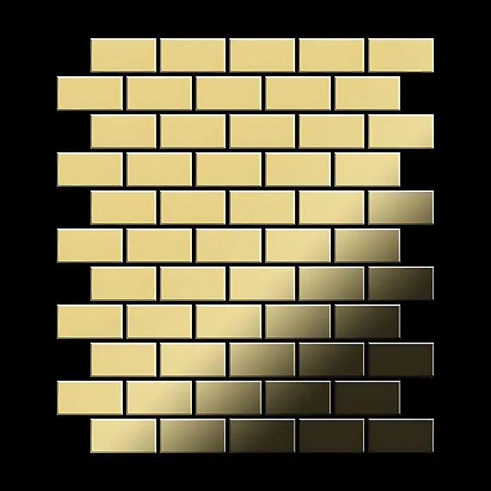 ALLOY Mosaikfliese Mosaik Fliese massiv Metall Messing gewalzt gold 1,6mm stark House-BM - 318 x 307 mm, Gold, Sonstiges - Glänzende goldene U-Bahn-Fliesen in Ziegelmuster, Farbverlauf von hell zu dunkelgold auf schwarzem Hintergrund.