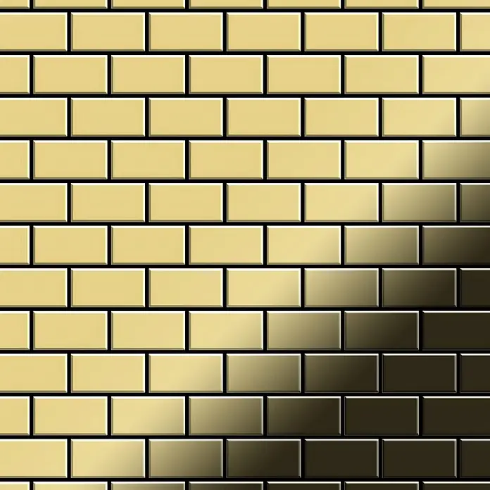 ALLOY Mosaikfliese Mosaik Fliese massiv Metall Messing gewalzt gold 1,6mm stark House-BM - 318 x 307 mm, Gold, Sonstiges - Metallische goldene Rechteckfliesen in einem Farbverlauf, von hell nach dunkel wechselnd.