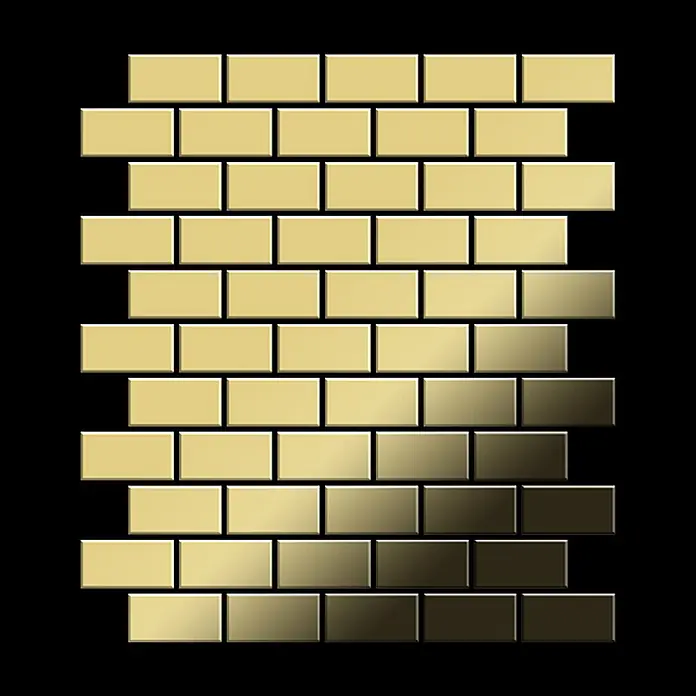 ALLOY Mosaikfliese Mosaik Fliese massiv Metall Messing gewalzt gold 1,6mm stark House-BM - 318 x 307 mm, Gold, Sonstiges - Goldene rechteckige Metallfliesen im versetzten Muster, mit Farbverlauf von hell nach dunkel.
