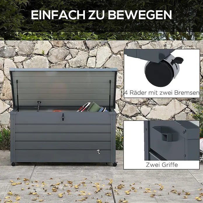 Outsunny Garten-Aufbewahrungsbox - Dunkelgrau, Stahl - Dunkelgraue Metall-Gartenbox mit geöffnetem Deckel, auf Rädern mit Bremsen und integrierten Griffen.