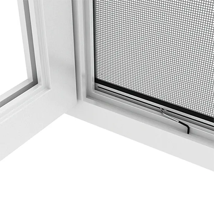 Easy Life proLINE Insektenschutzfenster - B x H: 80 x 100 cm, Grau, Montage Insektengitter: Klemmen - Nahaufnahme eines weißen Fensterrahmens mit Fliegengitter und Fenstergriff.