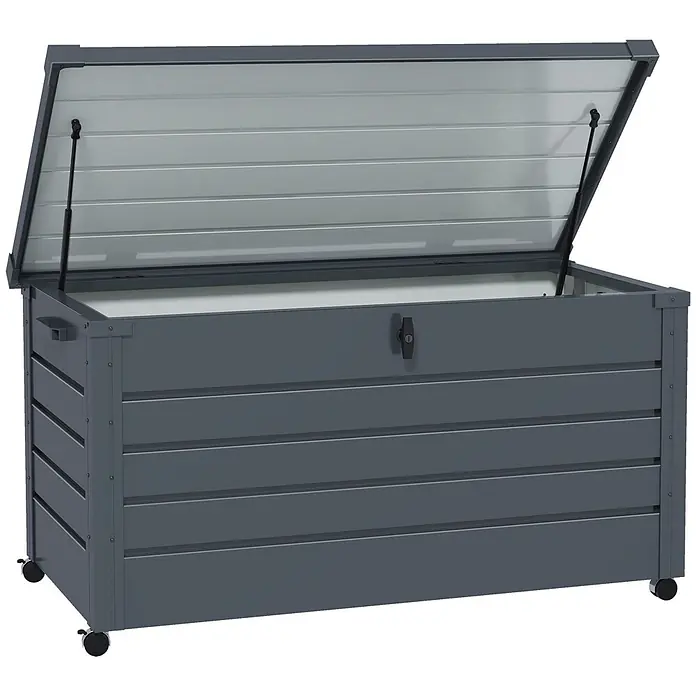 Furnicato Garten-Aufbewahrungsbox - Dunkelgrau, Stahl - Dunkelgraue Metall-Aufbewahrungsbox mit Lamellendesign, offener Deckel mit Gasdruckfedern und Rollen.