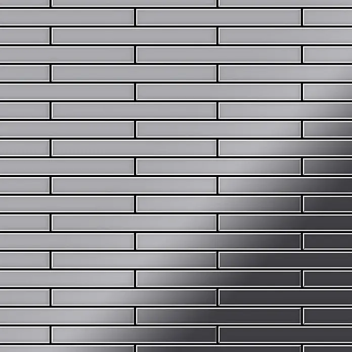 ALLOY Mosaikfliese Mosaik Fliese massiv Edelstahl marine hochglanz grau 1,6mm Deedee-S-S-MM - 316 x 247 mm, Grau, Silber, Blau, Hochglänzend - Rechteckige graue Fliesen mit Hell-Dunkel-Verlauf, horizontal im Versatzmuster angeordnet.