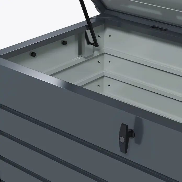 Outsunny Garten-Aufbewahrungsbox - Dunkelgrau, Stahl - Offene dunkelgraue Metall-Gartenbox mit hellgrauer Innenseite, T-Griff-Schloss und Deckelstütze.