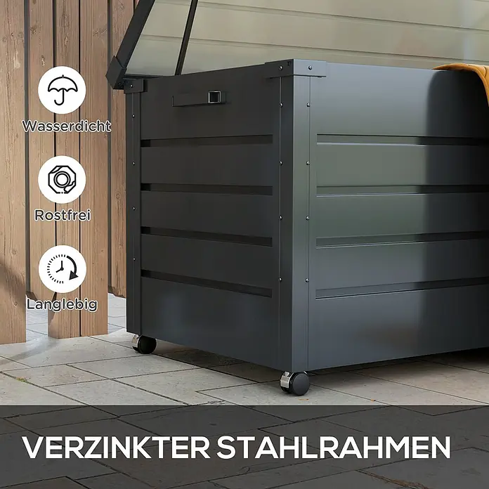 Outsunny Garten-Aufbewahrungsbox - Dunkelgrau, Stahl - Dunkelgraue, wasserdichte Gartenbox aus verzinktem Stahlrahmen mit Rollen, rostfrei und langlebig.