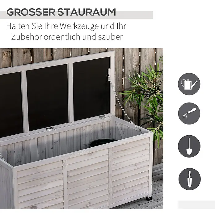 Outsunny Garten-Aufbewahrungsbox - Hellgrau, Holz - Große helle Gartentruhe aus Holz, geöffnet, um Werkzeuge und Zubehör ordentlich zu verstauen.