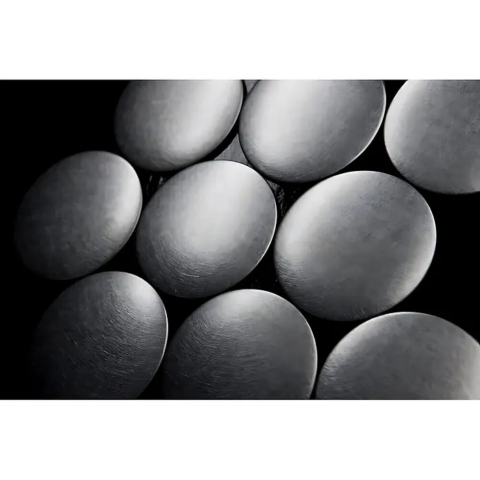 ALLOY Mosaikfliese Mosaik Fliese massiv Edelstahl marine gebürstet grau 1,6mm Dome-S-S-MB - 313 x 256 mm, Grau, Silber, Blau, Sonstiges - Glatte, graue, ovale Objekte mit feiner Textur, die polierten Steinen oder Metallscheiben ähneln.