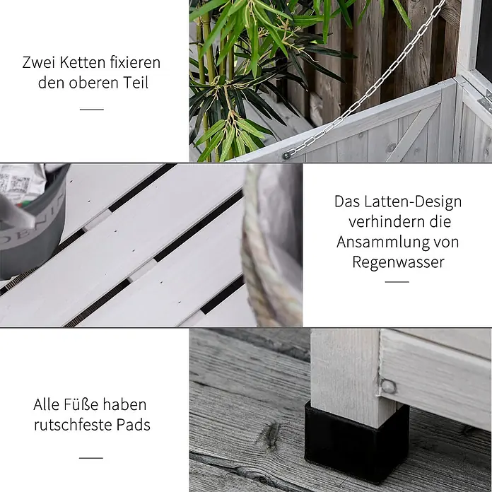 Outsunny Garten-Aufbewahrungsbox - Hellgrau, Holz - Helle Latten-Holzbox mit Ketten zur Deckelfixierung, Regenwasser-Drainage und rutschfesten Füßen.