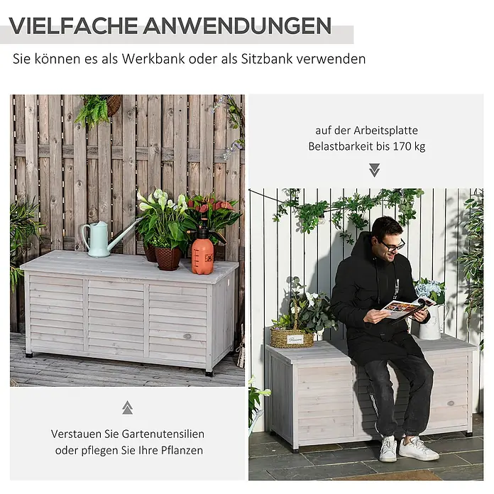 Outsunny Garten-Aufbewahrungsbox - Hellgrau, Holz - Helle Holz-Aufbewahrungsbank, als Pflanztisch mit Pflanzen und als Sitzbank genutzt.