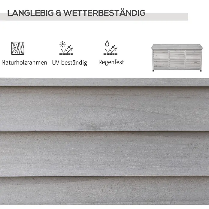 Outsunny Garten-Aufbewahrungsbox - Hellgrau, Holz - Helle, wetterfeste Holztruhe mit Naturholzrahmen, UV-beständig und regenfest.