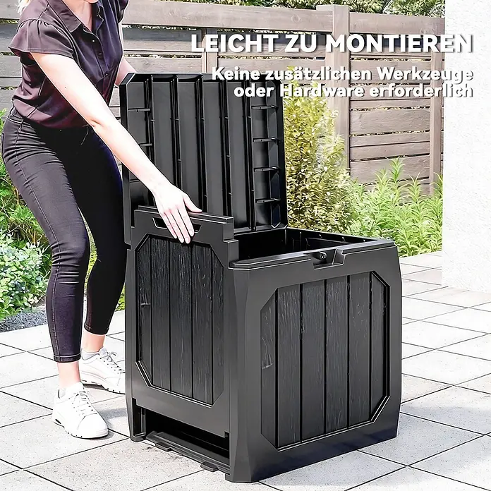 Outsunny Garten-Aufbewahrungsbox - Schwarz, Kunststoff - Schwarze Kunststoff-Gartenbox in Holzoptik wird von einer Person einfach montiert. Keine Werkzeuge erforderlich.