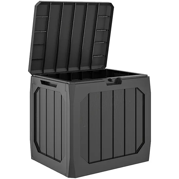 Furnicato Garten-Aufbewahrungsbox - Schwarz, Kunststoff - Offene dunkelgraue Kunststoff-Gartenbox mit Holzmaserung für den Außenbereich.