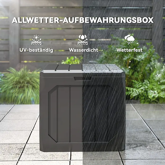 Outsunny Garten-Aufbewahrungsbox - Schwarz, Kunststoff - Dunkelgraue Allwetter-Aufbewahrungsbox, dargestellt im Sonnenschein und Regen, um UV-Beständigkeit, Wasserdichtigkeit und Wetterfestigkeit zu zeigen.
