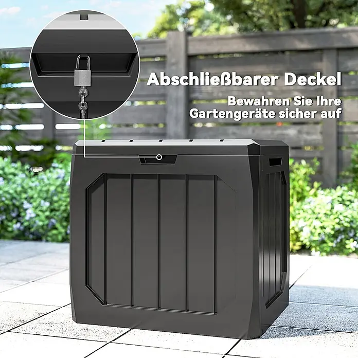 Outsunny Garten-Aufbewahrungsbox - Schwarz, Kunststoff - Dunkelgraue Outdoor-Aufbewahrungsbox mit abschließbarem Deckel zum sicheren Verstauen von Gartengeräten auf der Terrasse.