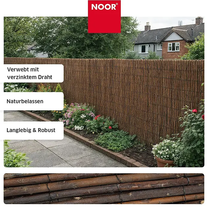 NOOR Sichtschutzelement DELUXE Weidematte - Naturmaterialien, Natur - Brauner Garten-Sichtschutz aus natürlichen, geflochtenen Holzästen mit verzinktem Draht, im Garten installiert.
