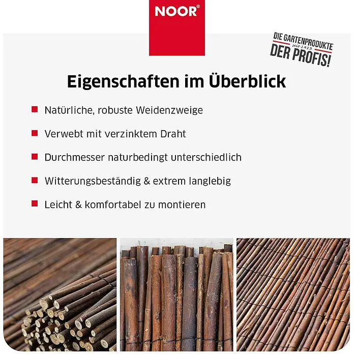 NOOR Sichtschutzelement DELUXE Weidematte - Naturmaterialien, Natur - Geflochtene Weidenzweige für Zaun oder Sichtschutz, mit natürlich variierenden Durchmessern und robuster Textur.