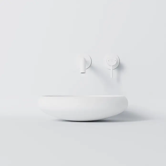 Vola Waschtisch - 0 x 0 cm - Weiße wandmontierte Armatur und ovales Waschbecken.
