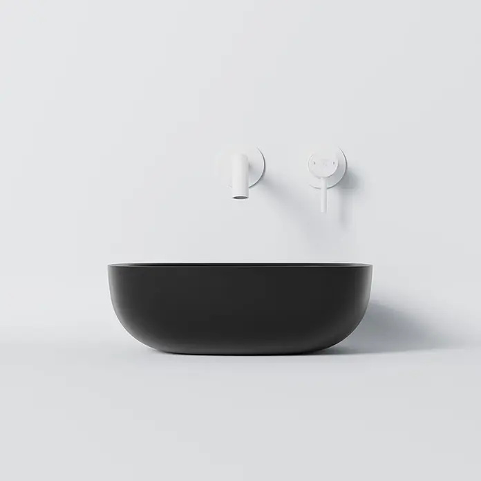 Vola Waschtisch - 0 x 0 cm - Mattschwarze Waschschale mit weißer Wandarmatur.