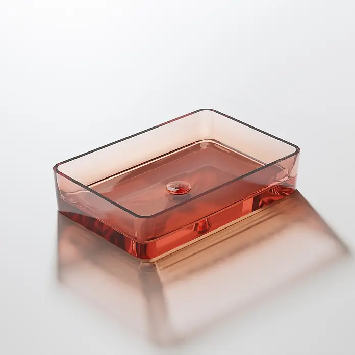 Vola Waschtisch -  - Rechteckiges, transparentes, rot-oranges Waschbecken mit abgerundeten Ecken und zentralem Abfluss.