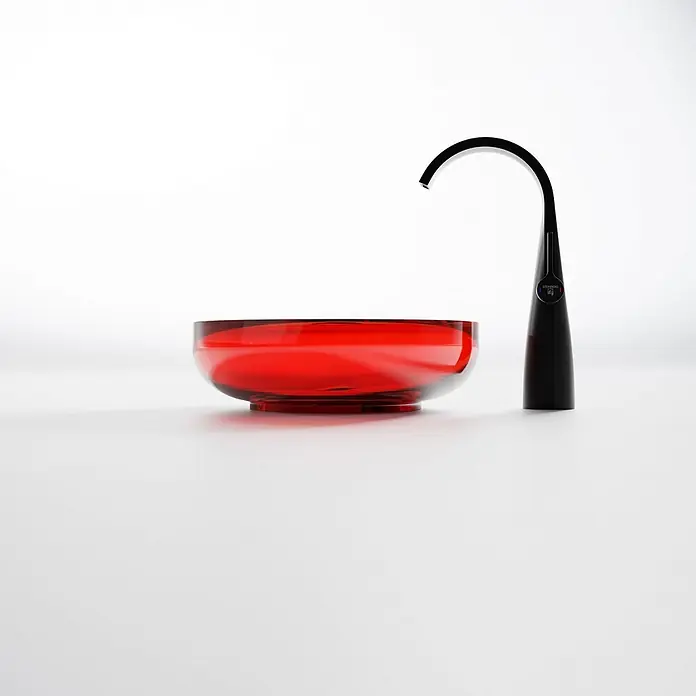 Vola Waschtisch - 0 x 0 cm - Rotes Glas-Schalenwaschbecken mit elegantem, schwarzem, gebogenem Wasserhahn.