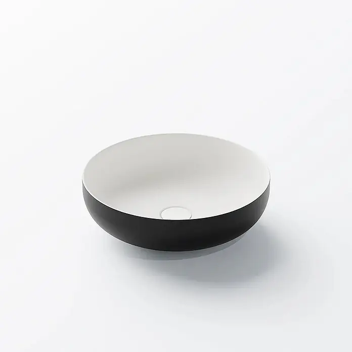 Vola Waschtisch - 0 x 0 cm - Rundes, außen schwarzes, innen weißes Aufsatzwaschbecken mit zentralem Ablauf.
